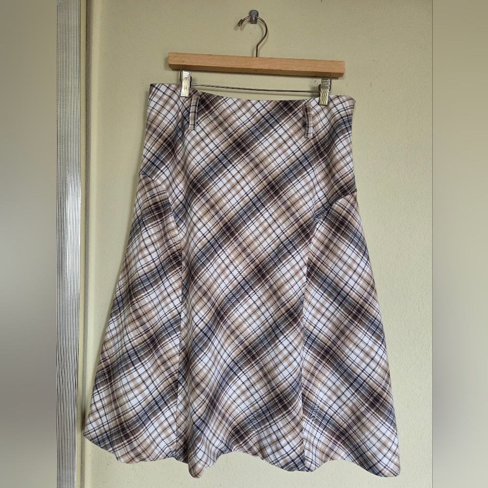Jones Wear Brown Tan Cream Plaid Midi Skirt Collegiate Cottage Classic Academia - Picture 1 of 6